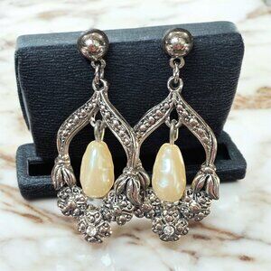 Silver Colour and Faux Pearl Drop Earrings
